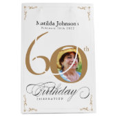 60誕生日書道スクリプト金ゴールド白写真 ミディアムペーパーバッグ (正面)