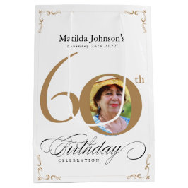 60誕生日書道スクリプト金ゴールド白写真 ミディアムペーパーバッグ