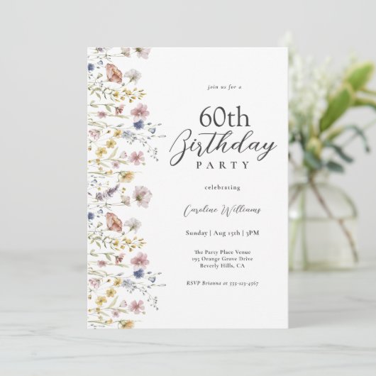 60誕生日水彩ワイルドフラワーフローラ 招待状 (スタンド正面)