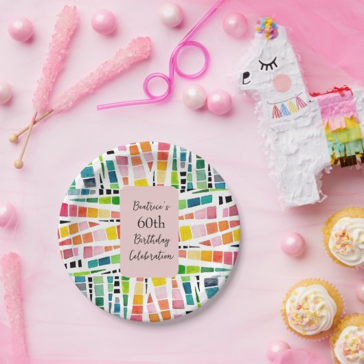 60誕生日水彩幾何学模様 ペーパープレート (パーティー)