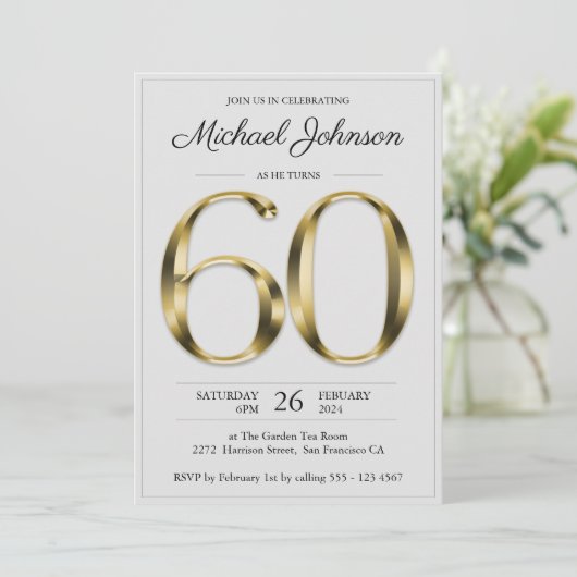 60誕生日無地の金ゴールドライトグレイエレガントクラス 招待状 (スタンド正面)