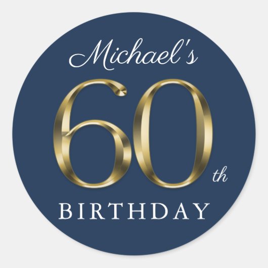60誕生日無地の金ゴールド文字ネイビーブルーカスタム ラウンドシール (正面)
