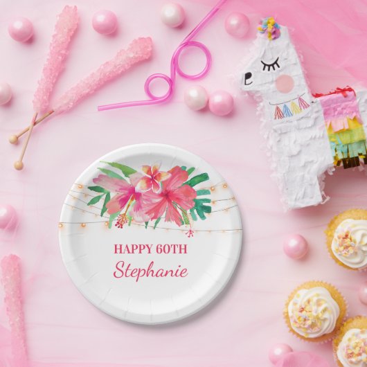 60誕生日熱帯性帯灯ハワイアン ペーパープレート (パーティー)