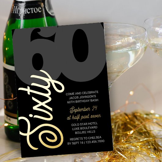 60誕生日特大60脚黒金ゴールド 箔招待状
