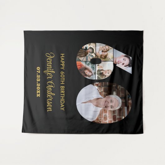 60誕生日番号60フォトコラージッモダンク タペストリー (正面(横))