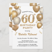 60誕生日白および金ゴールドグリッターバルーン 招待状 (正面/裏面)