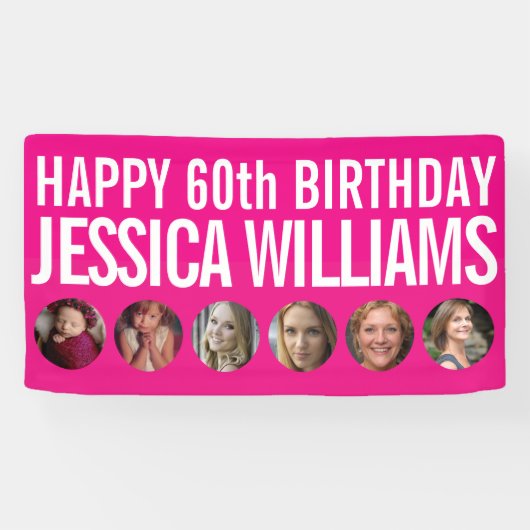 60誕生日白ピンク6枚のフォトサークル 横断幕 (横)