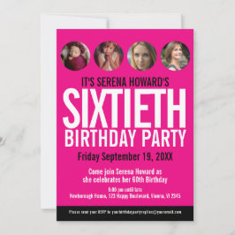 60誕生日白黒ピンク色の写真サークル 招待状