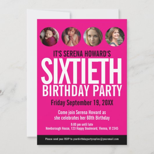 60誕生日白黒ピンク色の写真サークル 招待状 (正面)