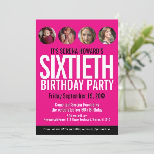 60誕生日白黒ピンク色の写真サークル 招待状 (スタンド正面)