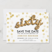 60誕生日目の金ゴールドバルーングリッター日付の保存 招待状 (正面)