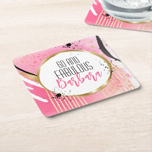 60誕生日素晴らしいホットピンクブラックグリッターグラム スクエアペーパーコースター (アングル)