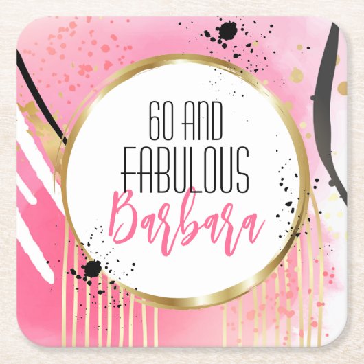 60誕生日素晴らしいホットピンクブラックグリッターグラム スクエアペーパーコースター (正面)