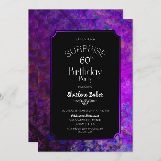 60誕生日紫と黒のサプライズパーティー 招待状 (正面/裏面)