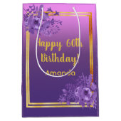 60誕生日紫ピンク金ゴールドフローラモノグラム ミディアムペーパーバッグ (正面)