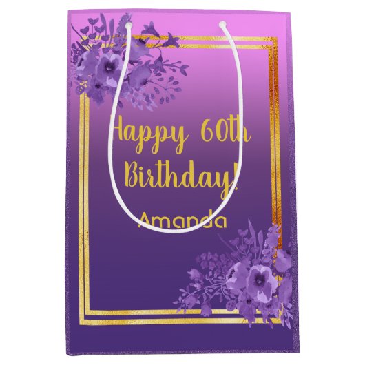 60誕生日紫ピンク金ゴールドフローラモノグラム ミディアムペーパーバッグ (正面)