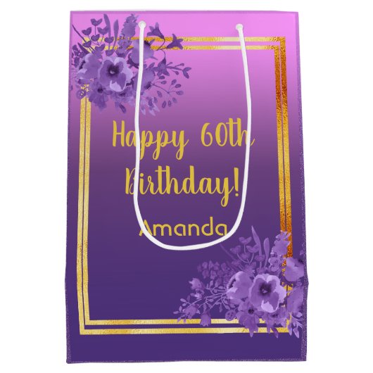 60誕生日紫ピンク金ゴールドフローラモノグラム ミディアムペーパーバッグ (裏面)