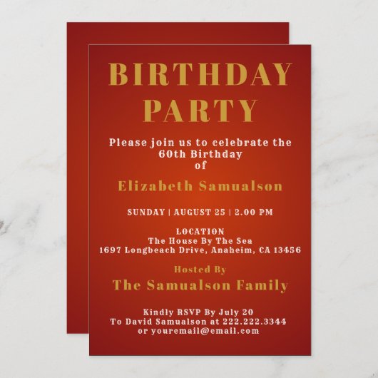 60誕生日設定基準レッドバースデーパーティー 招待状 (正面/裏面)