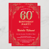 60誕生日赤と金ゴールドグリッター枠 招待状 (正面/裏面)