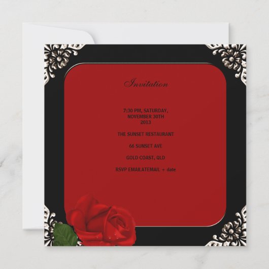 60誕生日赤エレガントバラ黒花 招待状 (裏面)