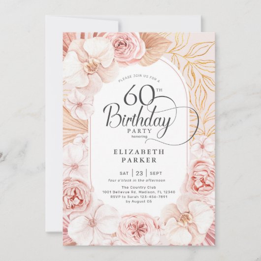 60誕生日赤面ピンク金ゴールドフローラ 招待状 (正面)