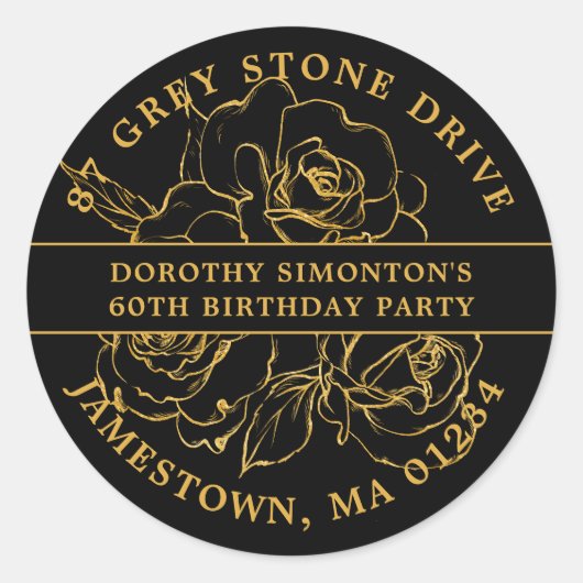 60誕生日金ゴールドバラ差出人住所ラベル ラウンドシール (正面)
