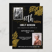 60誕生日金ゴールド葉2写真パーティー 招待状 (正面/裏面)