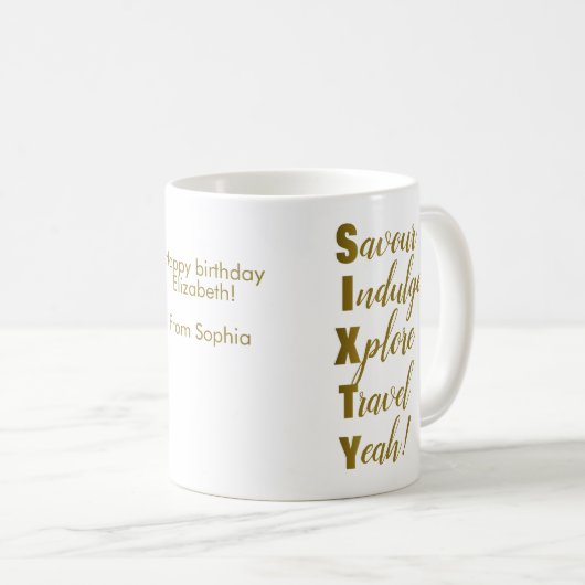 60誕生日金ゴールド60アクロスティック コーヒーマグカップ (正面右)