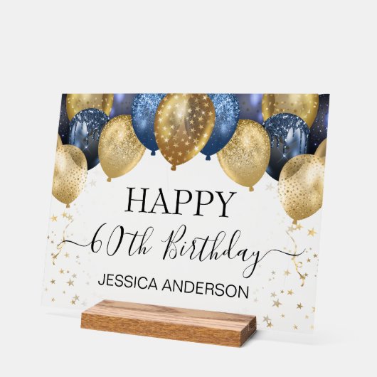 60誕生日青金ゴールドバルーン澄ん アクリルサイン (傾斜)