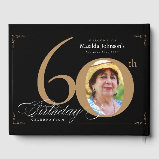 60誕生日黒エレガント金ゴールド書道写真 ゲストブック (裏面)