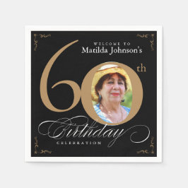 60誕生日黒エレガント金ゴールド書道写真 スタンダードカクテルナプキン