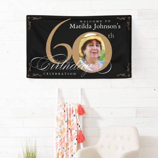 60誕生日黒エレガント金ゴールド書道写真 横断幕 (インサイチュ)