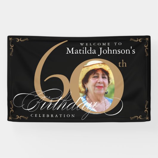 60誕生日黒エレガント金ゴールド書道写真 横断幕 (横)