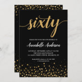 60誕生日黒スタイリッシュ金ゴールド紙吹雪スクリプト 招待状 (正面/裏面)