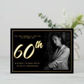 60誕生日黒金ゴールド写エレガント真 箔招待状 (立ち正面)