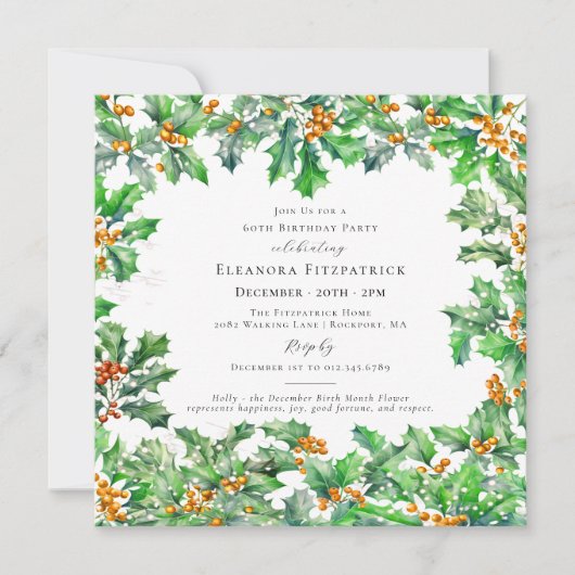 60誕生日12月誕生フラワーホリースクエア 招待状 (正面)
