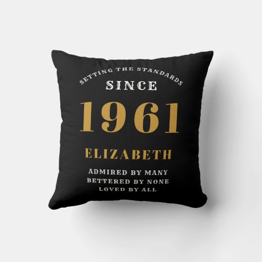 60誕生日1961ブラック金ゴールドレディパーソナライズされたズ クッション (裏面)