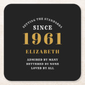 60誕生日1961ブラック金ゴールドレディパーソナライズされたズ スクエアペーパーコースター (正面)