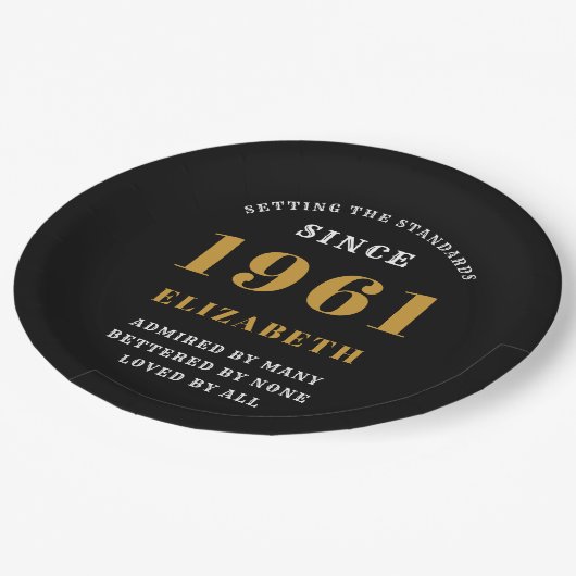 60誕生日1961ブラック金ゴールドレディパーソナライズされたズ ペーパープレート (アングル)