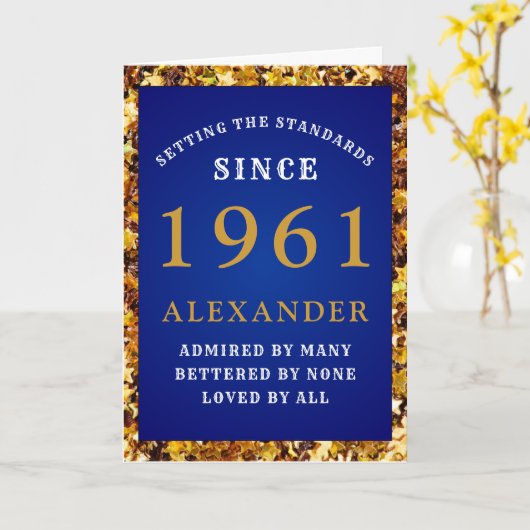 60誕生日1961生まれ金ゴールドブルーお名前を追加 カード (黄色い花)