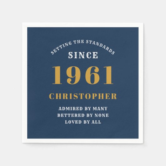 60誕生日1961青い金ゴールドのためパーソナライズされた スタンダードカクテルナプキン (正面)