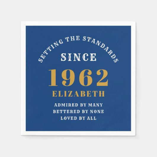 60誕生日1962エレガント金ゴールド青 スタンダードカクテルナプキン (正面)