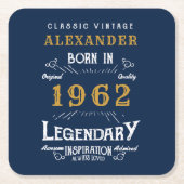 60誕生日1962生まれヴィンテージ青金ゴールド スクエアペーパーコースター (正面)