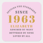 60誕生日1963生まれ名を追加Pink Gray スクエアシール (正面)