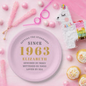 60誕生日1963生まれ名を追加Pink Gray ペーパープレート (パーティー)