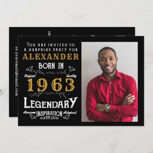 60誕生日1963生まれ黒金ゴールドレトロ写真 招待状 (正面/裏面)