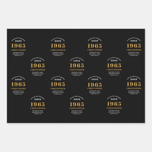 60誕生日1965生まれ名を追加黒い金ゴールド ラッピングペーパーシート (正面)