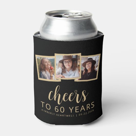 60誕生日3フォトブラック金ゴールドスクリプト応援 缶クーラー (缶正面)