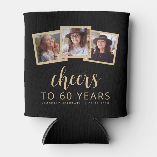 60誕生日3フォトブラック金ゴールドスクリプト応援 缶クーラー (正面)