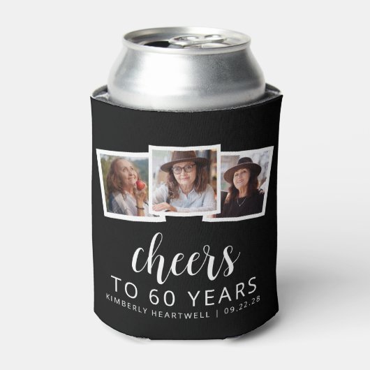 60誕生日3フォト白黒スクリプト応援 缶クーラー (缶正面)